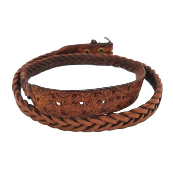 VTG Brown Hand Tooled Braided Woven Leather Belt Silver Buckle Western Boho - Picture 2 of 4